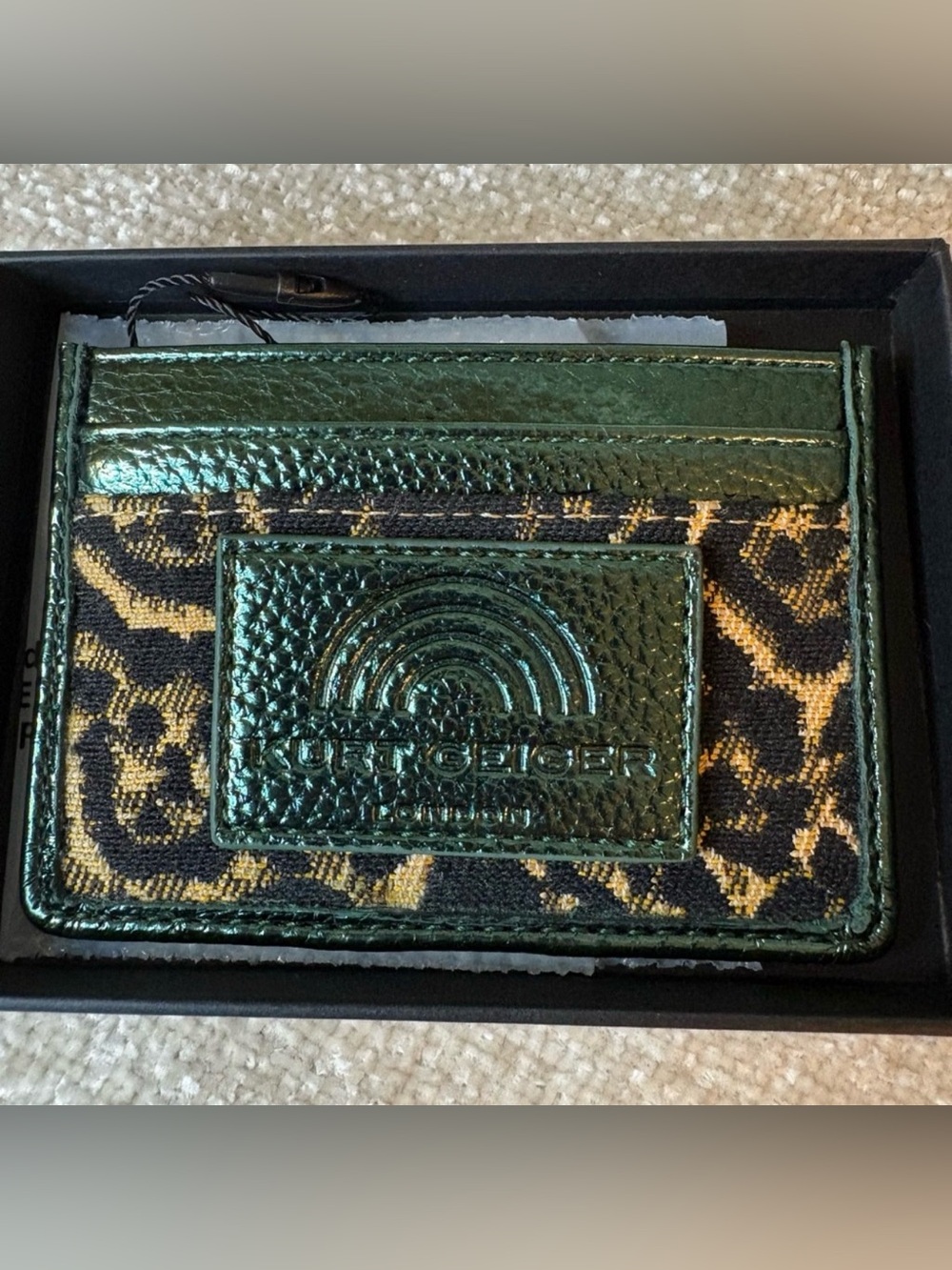 Kurt Geiger Green Metallic Trim Leopard Print London Southbank Card Holder NIB